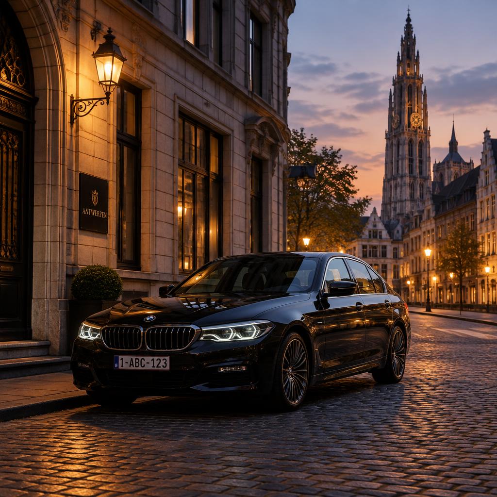 Zwarte sedan van Taxi Antwerpen Service in Antwerpen bij schemering